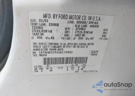 2003 Ford F-250 Lariat/Xl/Xlt z USA, uszkodzony, nr VIN 1FTNW21P43EC75955